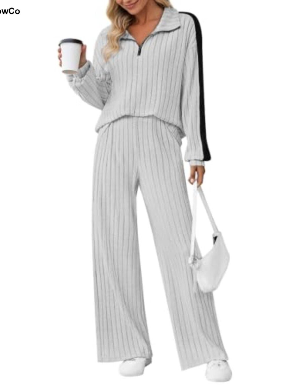 Womens 2 Piece Lounge Set Ribbed Knit Half Zip Sweatsuit Wide Leg Sweatpants